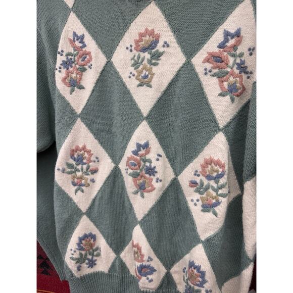 Alfred Dunner Sweater Floral Mint Harlequin Embroidery Petite Large Grandma - Picture 7 of 7